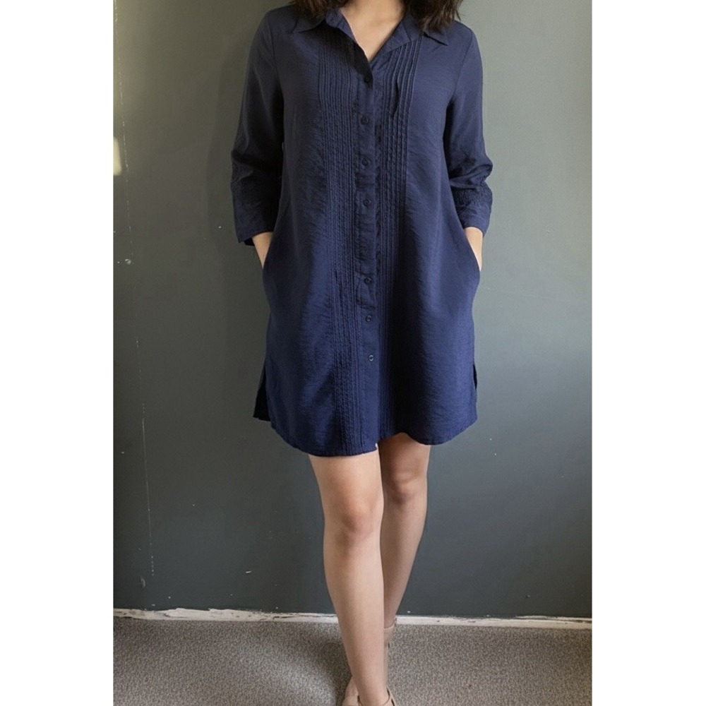 Coldwater Creek‎ Navy Blue Pleated Button Front Shirt Dress Size S